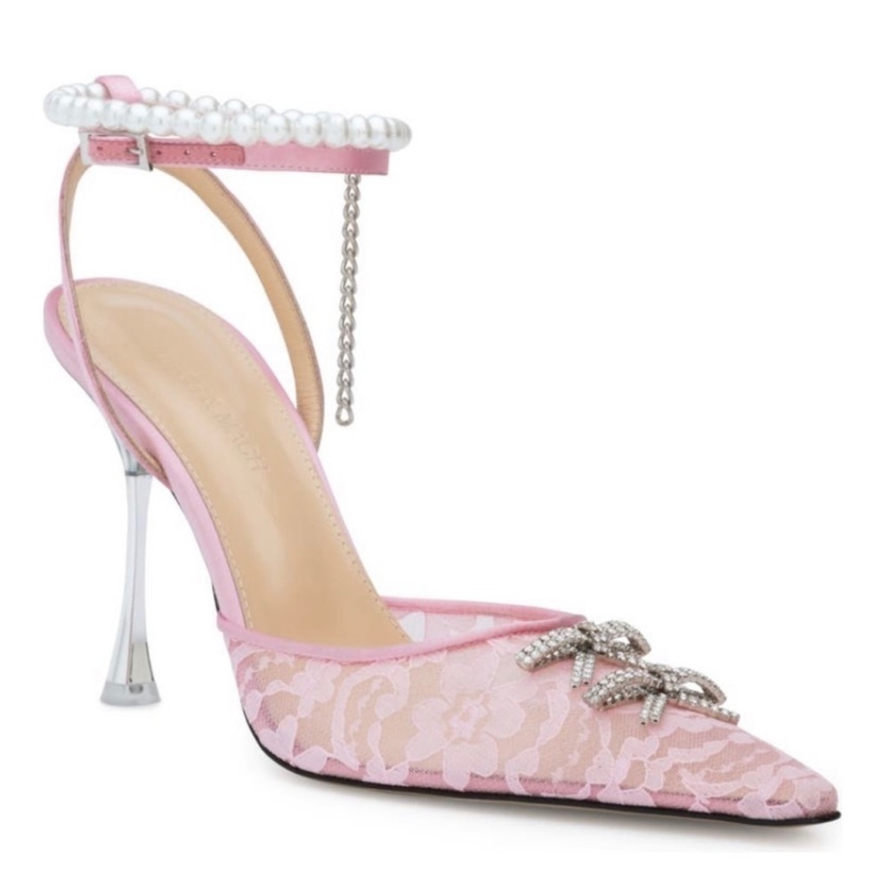 Mach & Mach Lace Mini Bow Pointed Toe Pump - Pink